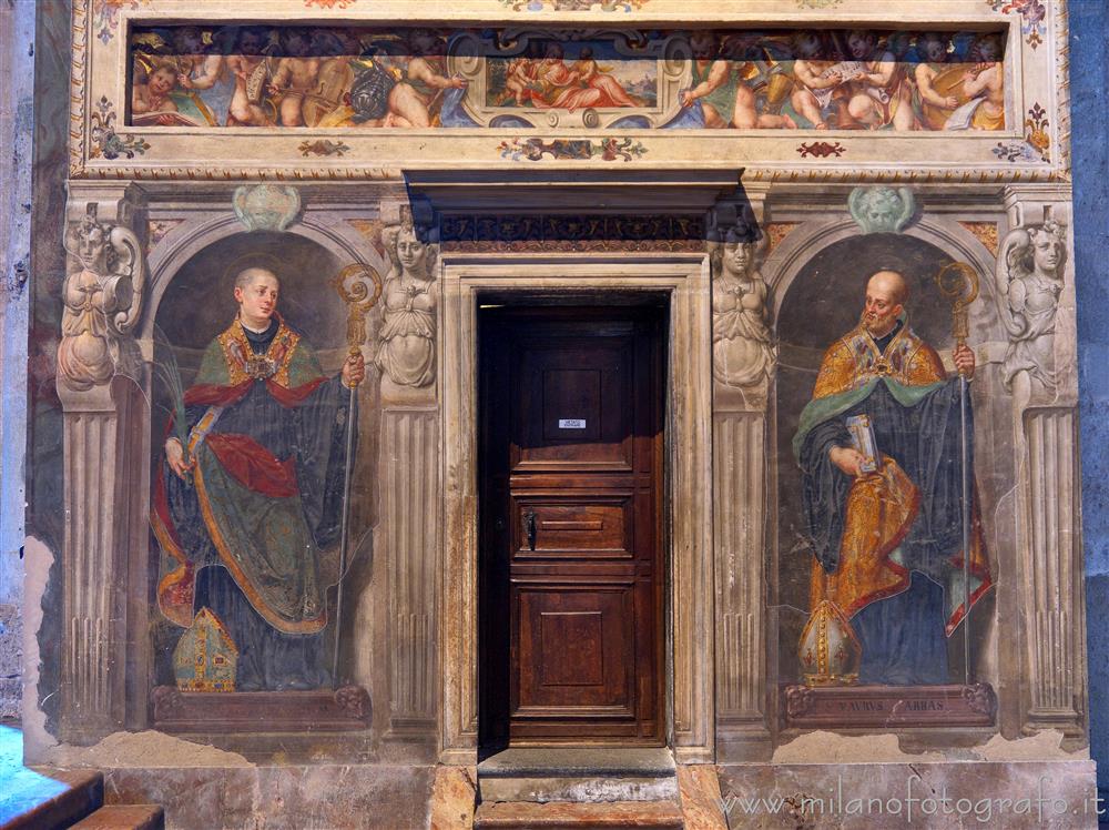 Milan (Italy) - Base of the right choir loft in the Basilica of San Simpliciano